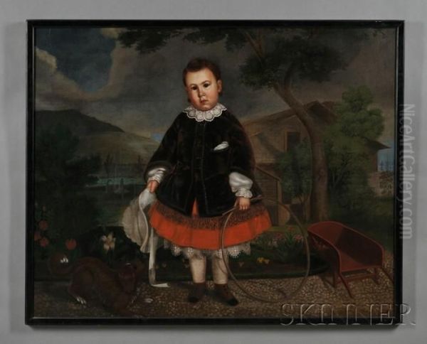 Portrait Of A Boy Holding A Hoop In The Garden With His Dog Oil Painting by Timothy Allen Gladding