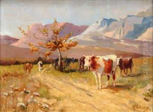 Autumn Pasture, Cattle In A Sunlit Mountain Landscape