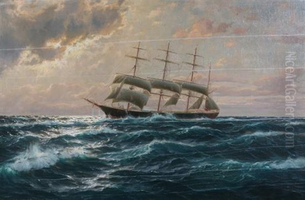 Four-masted Schooner On High Seas Oil Painting by Martin Franz Glusing