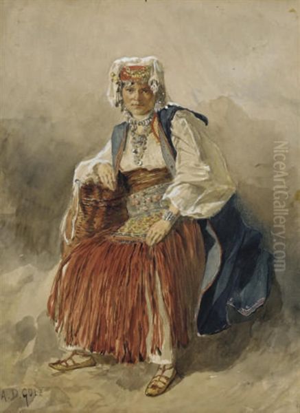 Femme Assise En Costume Traditionnel Turc, Un Panier Sous Le Bras Oil Painting by Alexander Demetrius Goltz