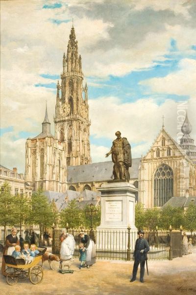 De Groenplaats Te Antwerpen Oil Painting by Frans Gons