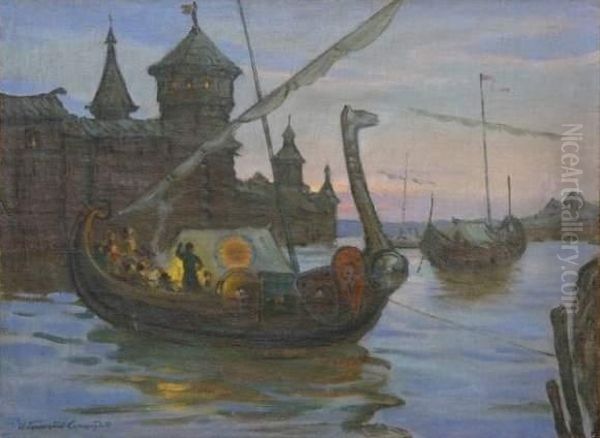 Drakkar Sur La Volga Oil Painting by Ivan Silych Goriushkin-Sorokopudov