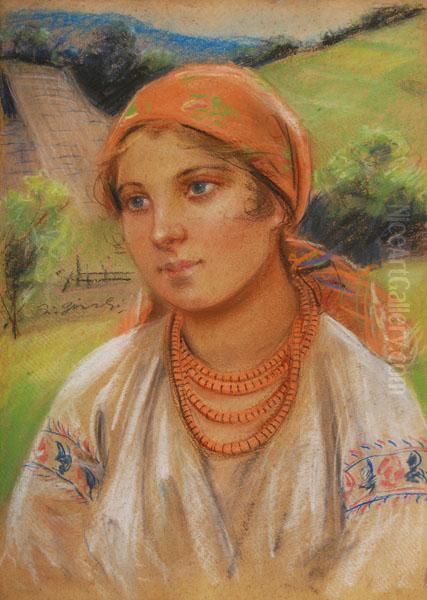 Portret Mlodej Goralki W Bialej Bluzce Oil Painting by Stanislaw Gorski