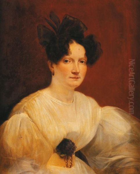 Portrait De Jeune Femme En Robe Blanche Ornee D'un Bouquet De Violettes Oil Painting by Nicolas Louis Gosse