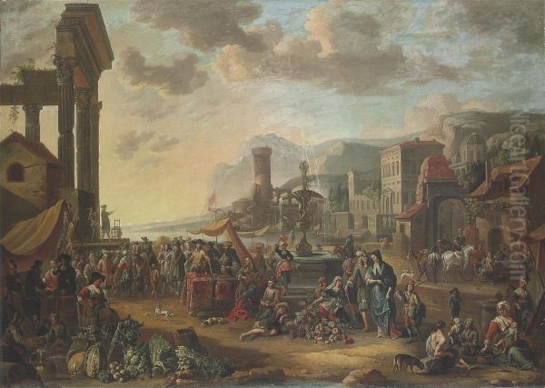 A Capriccio Of A Mediterranean Port City With A Market, A Commediadell'arte Performing Oil Painting by Anton Goubau