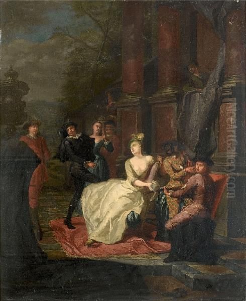An Elegant Company Making Music On Aterrace Oil Painting by Hendrik Govaerts