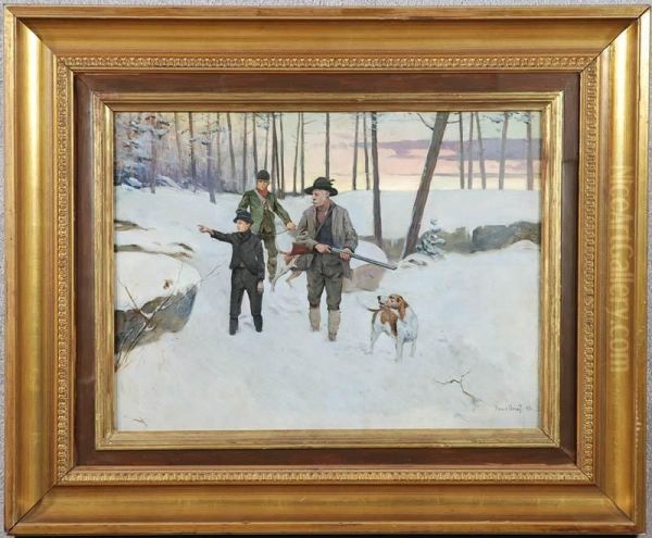 Three Hunters, Dog, In Winter Woodland Scene Oil Painting by Paul Graf