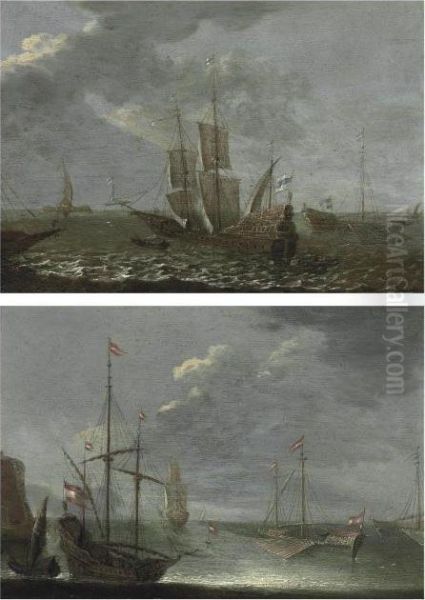 Shipping In A Fresh Breeze; And A Kaag And Other Shipping Offshore In Calm Waters Oil Painting by Orazio Grevenbroeck