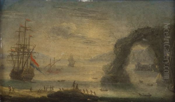 A)piccolo Porto, Rovine Classiche, Vascelli E Scialuppe Con Astanti Vari E Borgo Con Un Ponte Sullo Sfondo Oil Painting by Orazio Grevenbroeck