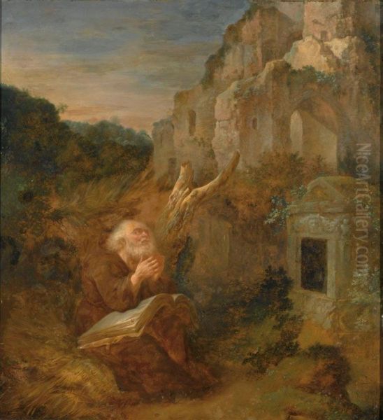 A Hermit Praying In Front Of A Tomb Near A Ruin In A Landscape Oil Painting by Jan Griffier