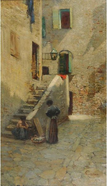 Grado, Venditrice Di Pesce Accanto Alla Scala Di Una Casa Oil Painting by Guido Grimani
