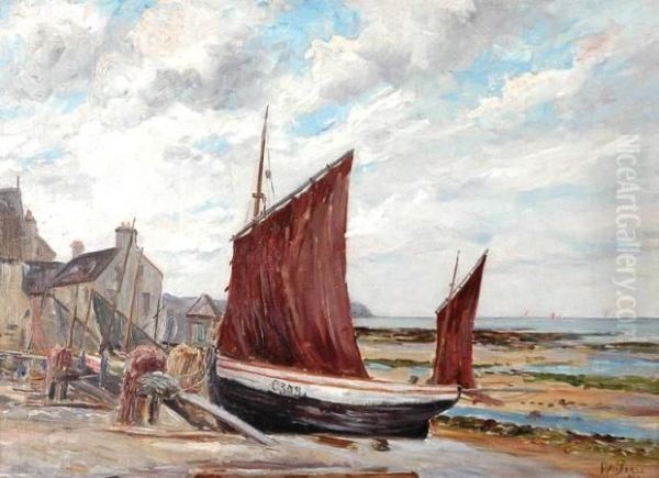 Sailboats On Shore Oil Painting by Peter Alfred Gross