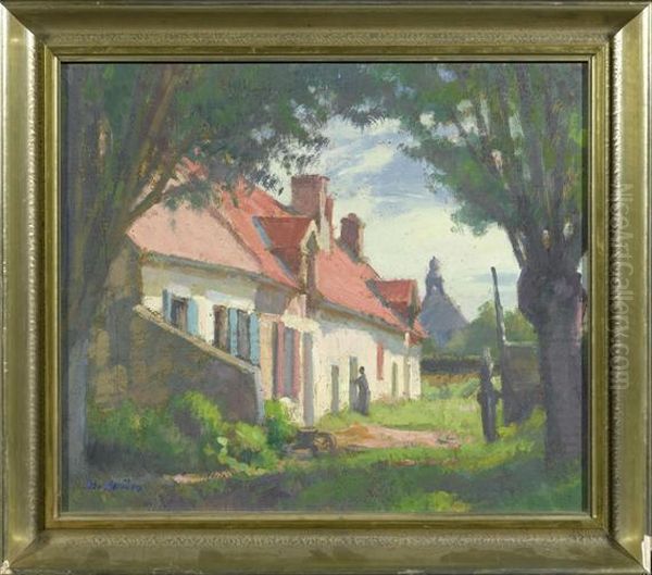 House With Figure At A Door And A Church Tower In The Background Oil Painting by Maurice Grun
