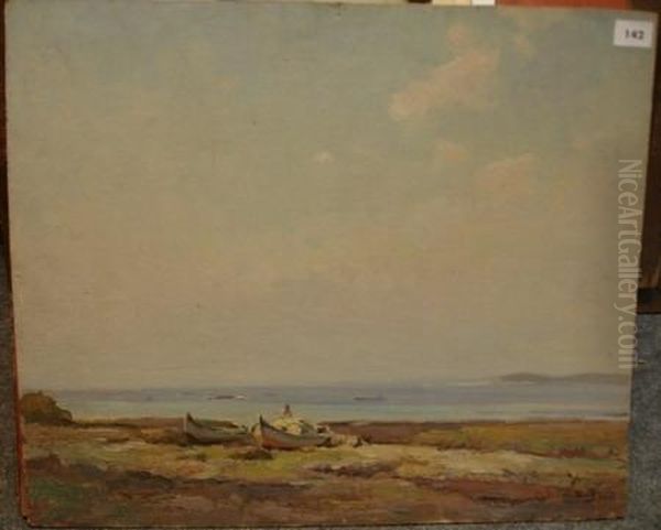 Deux Barques Echouees Sur La Plage Oil Painting by Louis Marius Gueit