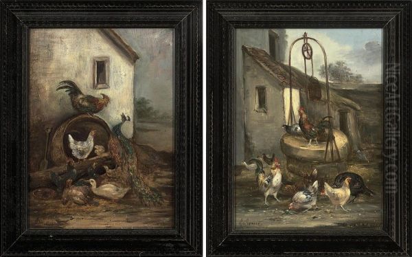 Poultry At The Well; And A Farmyard Dispute Oil Painting by Claude Guilleminet