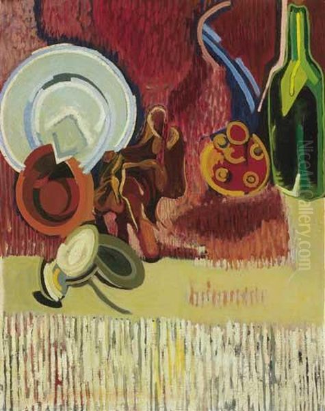 Still Life With Green Bottle Oil Painting by May Guinness