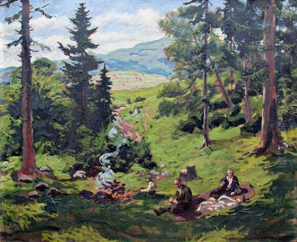 Opekanie Slaniny V tiavnickych Vrchoch Oil Painting by Edmund Gwerk