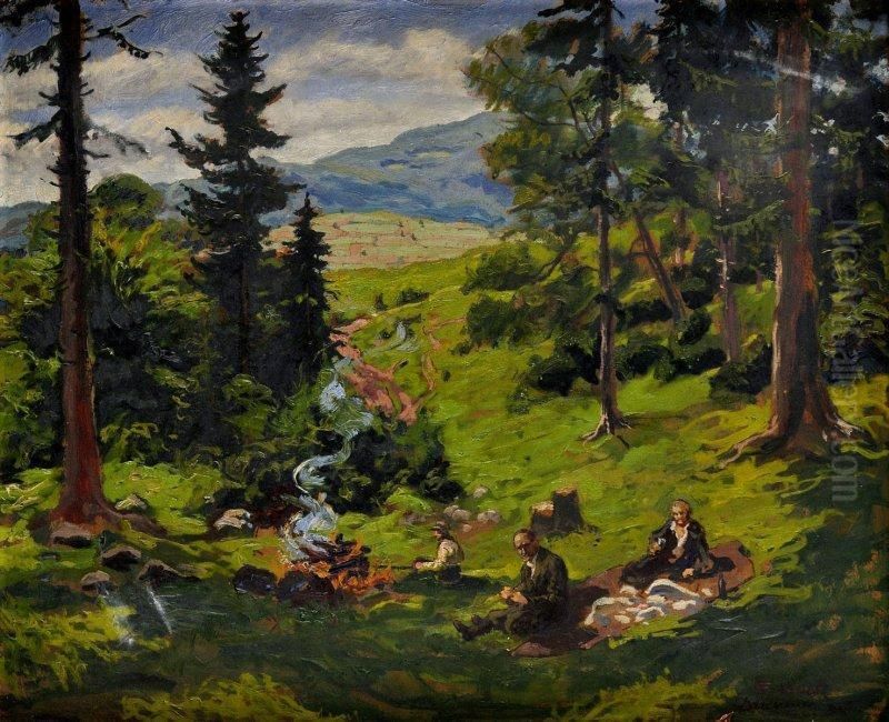Opekanie Slaniny V Stiavnickych Vrchoch Oil Painting by Edmund Gwerk