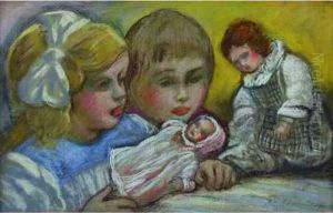 Edouard - Enfants Avec Une Poupe Pastel Sur Papier Maroufle Sur Toile, Sbd