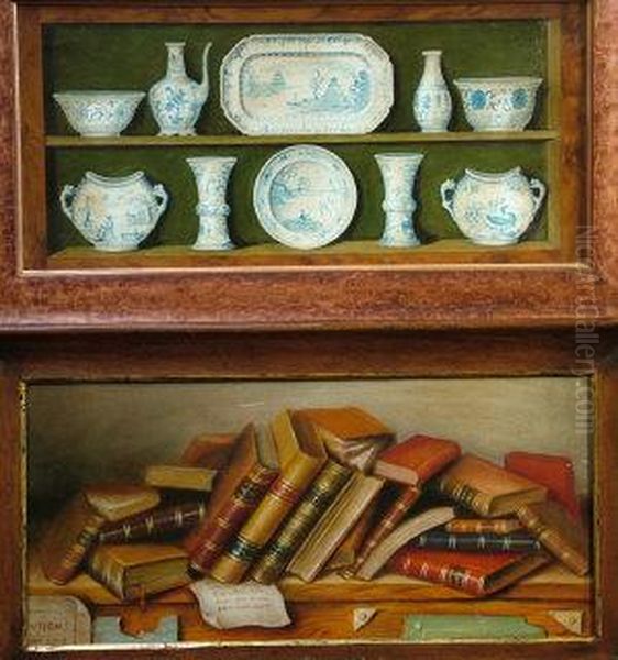 Trompe-l'oeil Of Blue And White China On A Shelf And Scattered Books Oil Painting by John Haberle