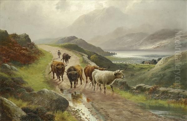 Highland Cattlereturning To The Homestead, With Cattle And Drover, A Cottage Andloch Beyond Oil Painting by Harold Hall