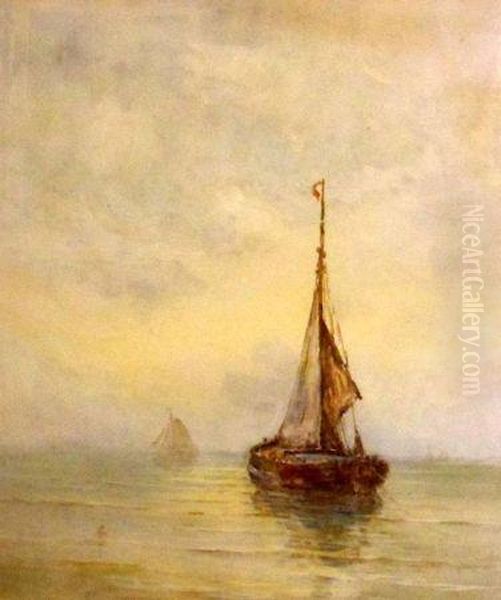Fishing Boats Becalmed Oil Painting by Charles E. Hannaford