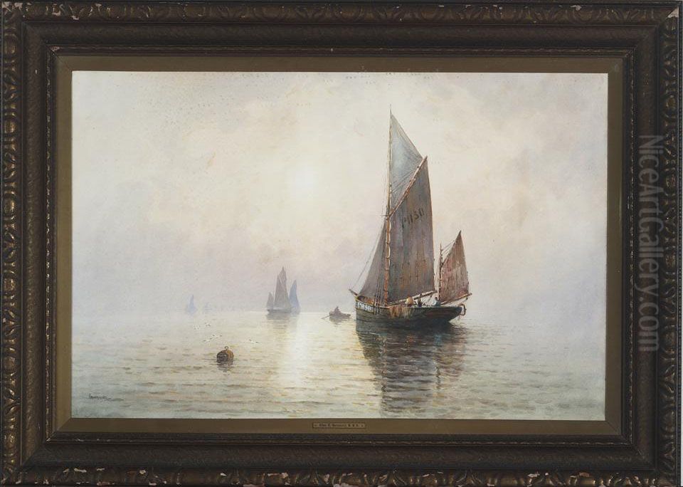 Fishing Boats At Sunset Oil Painting by Charles E. Hannaford