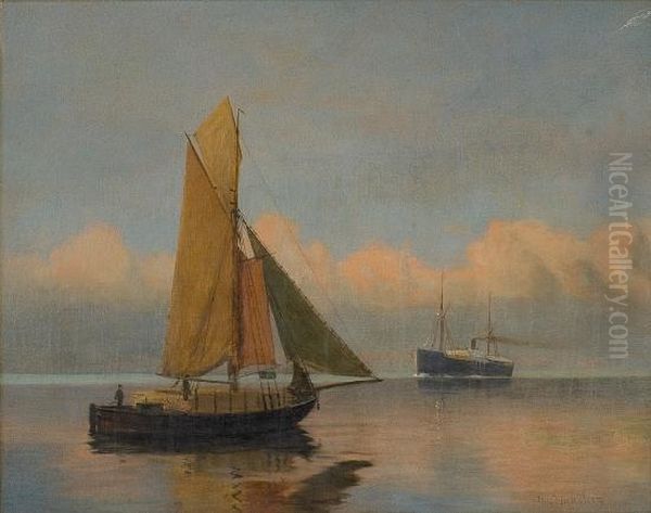 Steamer And Sailing Boat In Calm Seas Oil Painting by Niels Hansteen