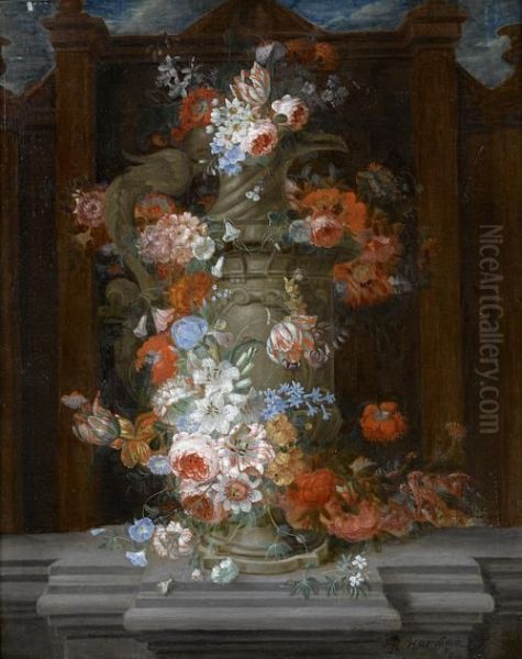 Roses, Tulips, Narcissi And Other Flowers In A Classical Urn On A Carved Stone Ledge Oil Painting by Pieter Hardime