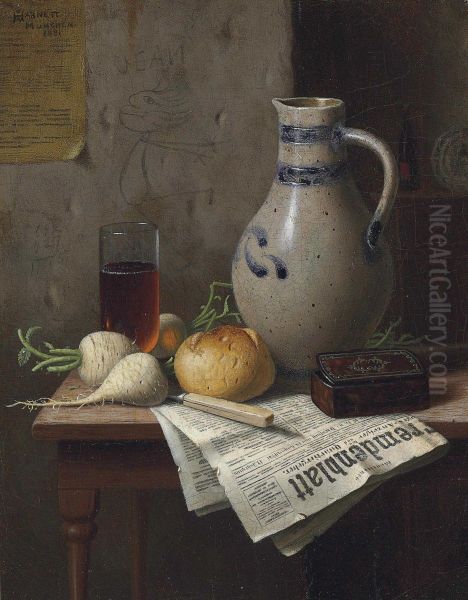 Still Life With Jug And Newspaper Oil Painting by William Michael Harnett