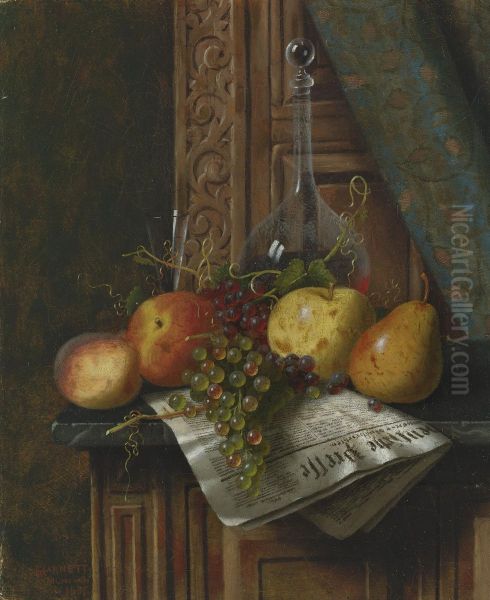 Still Life With Munich Newspaper, Fruit And Decanter Oil Painting by William Michael Harnett