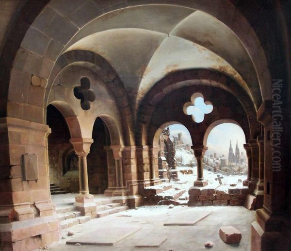 Klosterkreuzgang Im Winter Mit Blick Auf Eine Zweiturmigekathedrale Oil Painting by Carl Georg Adolph Hasenpflug