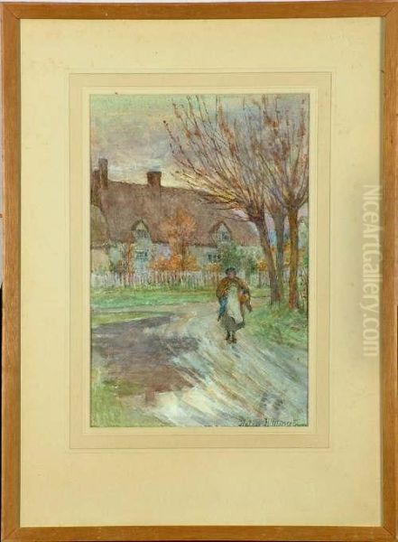H*** Margetson 13 1/2in. X 9in. The Rain Is Over-a Village Street Scene Signed Oil Painting by Helen Howard Hatton