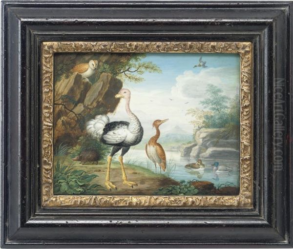 Exotic Birds And An Owl On The Banks Of A River Oil Painting by J.F. Hefele