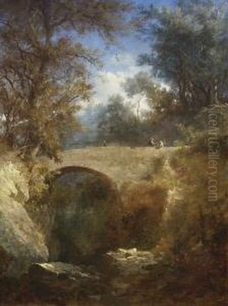 Bewaldete Schlucht Mit
 Steinbrucke. Oil Painting by Eduard Heinel