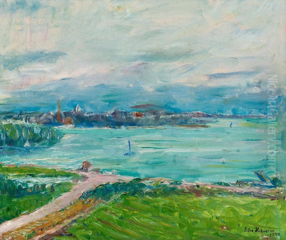 A Coastal Town Oil Painting by Ester Helenius