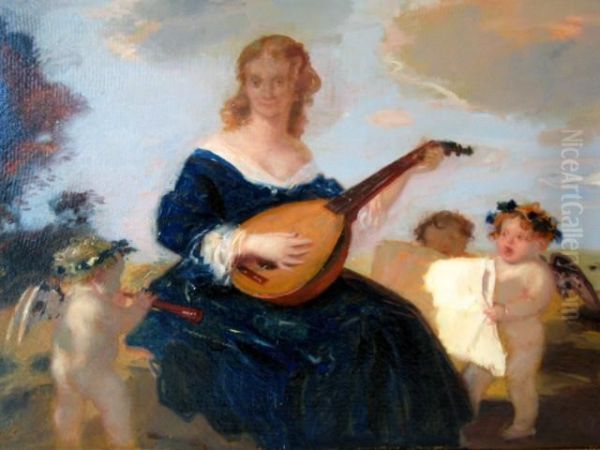 Die Mandolinenspielerin Mit Drei Musizierenden Putti Oil Painting by Adolf Hengeler