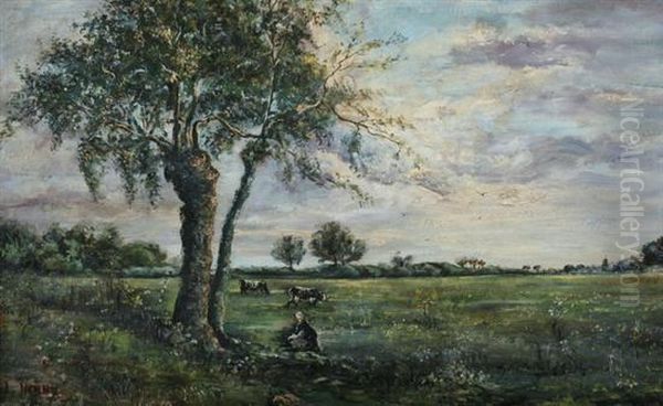Young Girl And Cows In A Field Oil Painting by Louis Henry