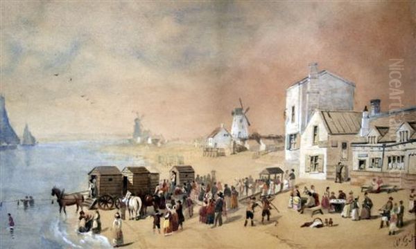 Bathing Huts And Fisherfolk On The Beach Near Liverpool Oil Painting by William Gavin Herdman