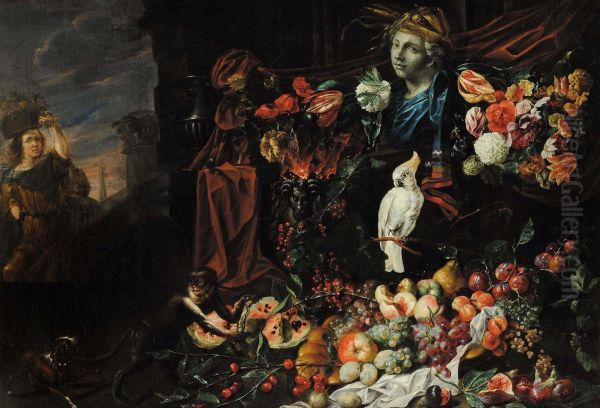 Detto Monsu' Aurora Fiori E Frutta Con Cane, Scimmia E Pappagallo Oil Painting by Johannes Hermans