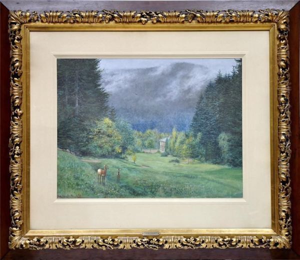 Nebelverhangene Waldhange Mit Rotwild Und Anwesen Im Tal Oil Painting by Oskar Herrfurth