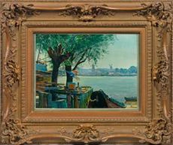 Hollandischeflusslandschaft Mit Booten Und Windmuhlen Oil Painting by Hans Herrmann