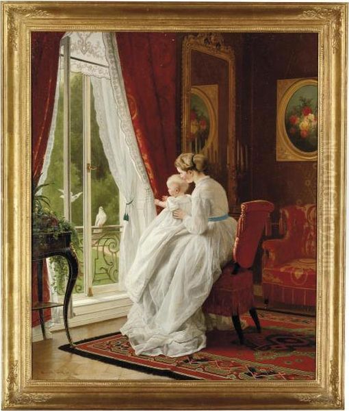 A Mother And Child Watching Doves At A Window Oil Painting by Carl Hertel