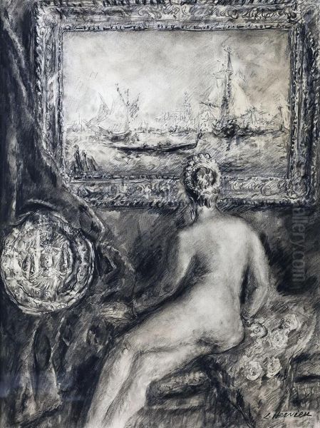 Nu Assis Regardant Une Composition : Voiliers A Venise Oil Painting by Louise Hervieu