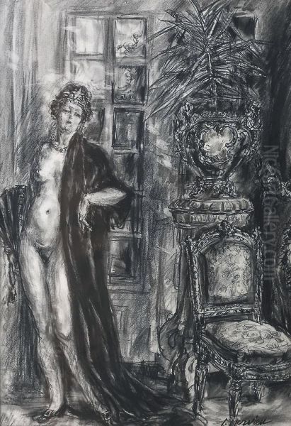 La Femme A La Draperie De Velours Oil Painting by Louise Hervieu