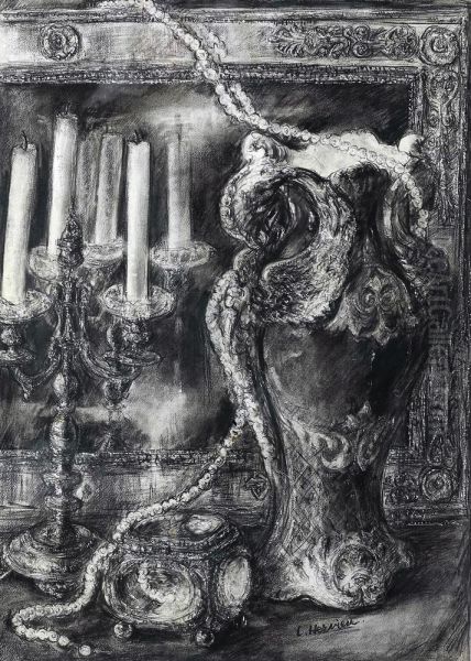 Composition Aux Perles, Bougeoir Et Pichet Devant Unmiroir Oil Painting by Louise Hervieu