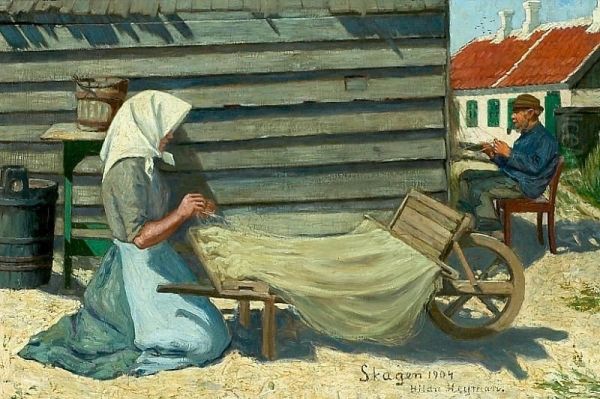 A Fisherman And A Young Girl Mending The Fishing Nets Oil Painting by Hilda Heyman