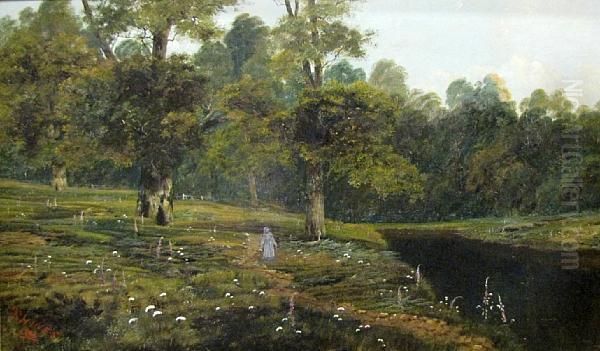 A River Landscape With A Figure On A Path Oil Painting by Theodore Hines