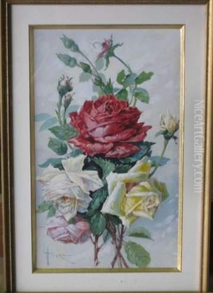 Roses Rouges, Jaunes Et Blanches Oil Painting by Louis Hingre