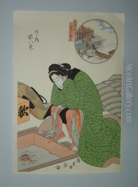 Une Jeune Femme Chauffe Ses Pieds Au-dessus D'un Hibachi Oil Painting by Utagawa or Ando Hiroshige